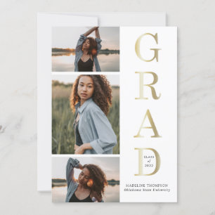 Moderne Elegante Schwarz-weiß Gold 3 Foto Abschlus Einladung