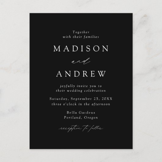 Moderne, elegante Schwarz-Weiß-Hochzeit Einladungspostkarte (Vorderseite)