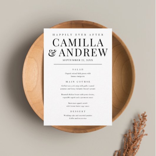 Moderne, elegante Schwarz-Weiß-Hochzeit Menükarte