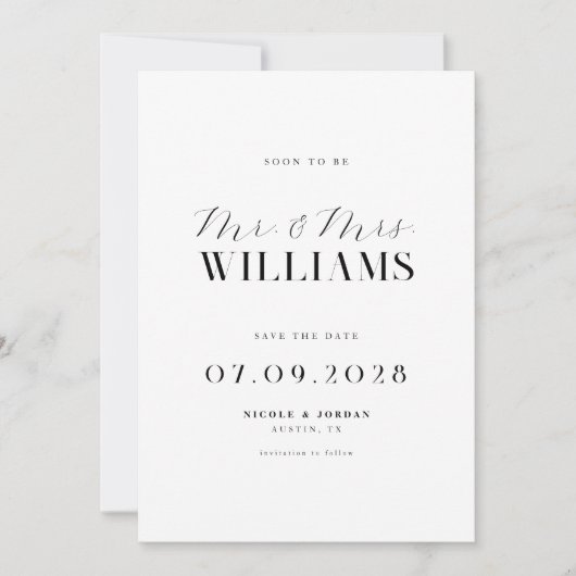 Moderne elegante Schwarz-Weiß-Hochzeit Save The Date (Vorderseite)