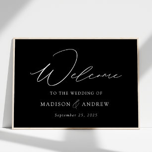 Moderne, elegante Schwarz-Weiß-Hochzeit Willkommen Poster