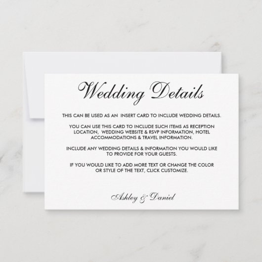 Moderne elegante Schwarz-Weiß-Hochzeitsdetails Einladung (Vorderseite)