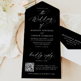 Moderne elegante Schwarz-Weiß-Kalligraphie-Hochzei All In One Einladung