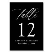 Moderne elegante Schwarz-Weiß-Kalligraphie-Hochzei Tischnummer (Rückseite)