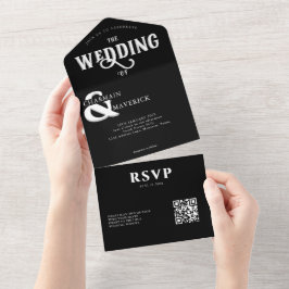 Moderne elegante Schwarz-Weiß-QR-Hochzeit All In One Einladung