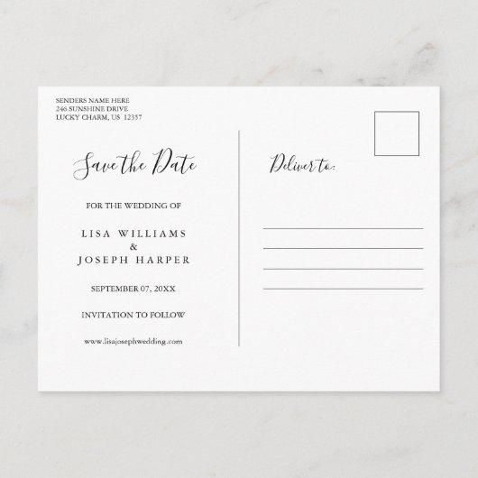 Moderne Elegante Schwarz-Weiß-Save the Date Postkarte (Rückseite)