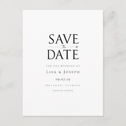 Moderne Elegante Schwarz-Weiß-Save the Date Postkarte (Vorderseite)