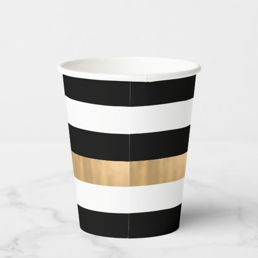 Moderne Elegante Schwarz, Weiß und Gold gestreift Pappbecher (Rechts)