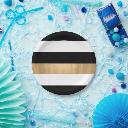 Moderne Elegante Schwarz, Weiß und Gold gestreift Pappteller (Party)