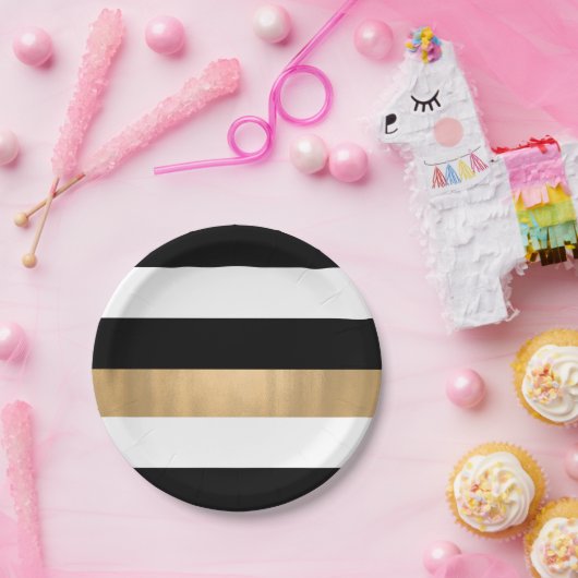 Moderne Elegante Schwarz, Weiß und Gold gestreift Pappteller (Party)