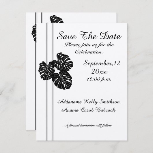 Moderne elegante, Schwarz-weiße grafische Blätter Save The Date (Vorne/Hinten)