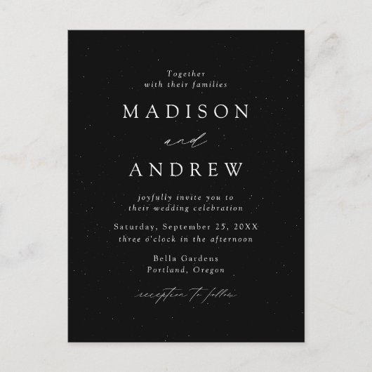 Moderne elegante, schwarz-weiße Hochzeit Einladungspostkarte (Vorderseite)