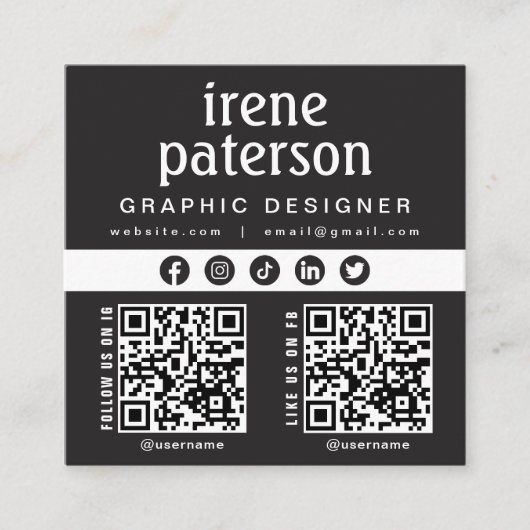Moderne, elegante Schwarz-weiße QR Code Social Med Quadratische Visitenkarte (Vorderseite)