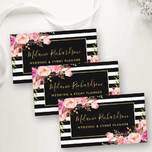 Moderne elegante schwarze gestreifte rosa Blumen G Visitenkarte