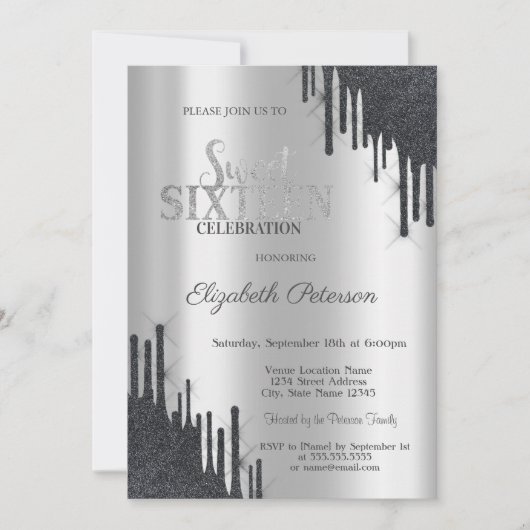 Moderne elegante Schwarze Glitzer Tropfen Sweet 16 Einladung (Vorderseite)