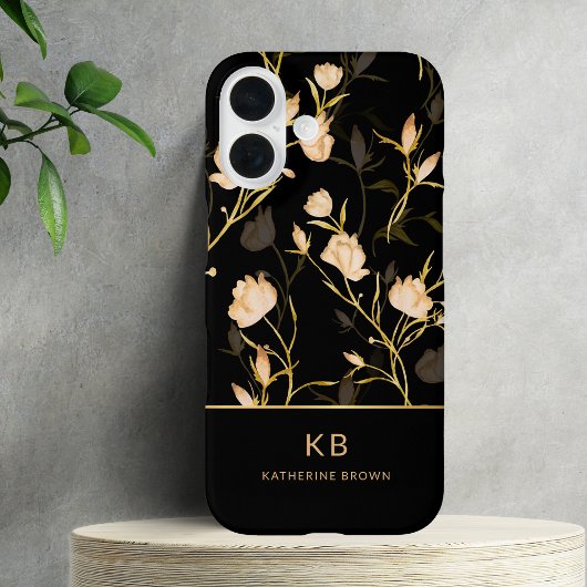 Moderne elegante schwarze Gold-Blumenmuster  Case-Mate iPhone Hülle