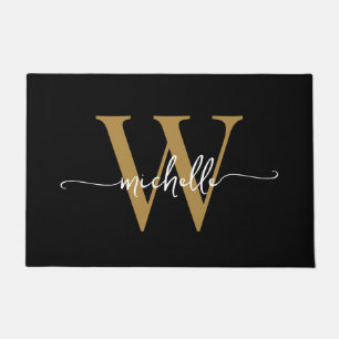 Moderne elegante schwarze Gold-Monogramm-Name-Schr Fußmatte