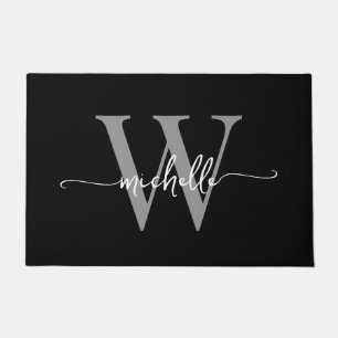 Moderne elegante schwarze graue Monogramm-Name-Sch Fußmatte