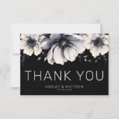 Moderne elegante Schwarze Hochzeit mit Flora Dankeskarte (Vorderseite)