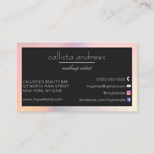 Moderne elegante schwarze, holografische, irideszi visitenkarte (Rückseite)