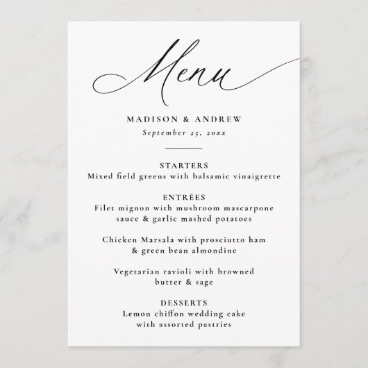 Moderne elegante Schwarze Kalligraphie Hochzeit Menükarte (Vorderseite)