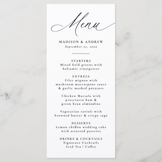 Moderne elegante Schwarze Kalligraphie Hochzeit Menükarte (Vorderseite)