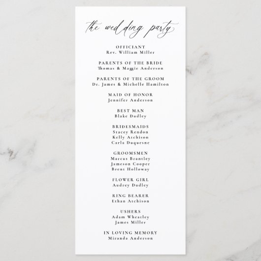 Moderne elegante Schwarze Kalligraphie Hochzeit Programm (Rückseite)