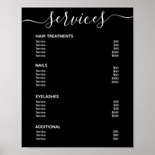 Moderne elegante schwarze Salon-Preisliste Service Poster