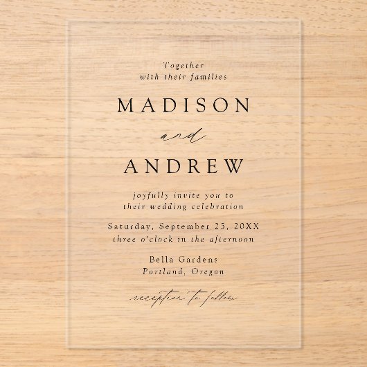 Moderne, elegante Schwarze Script-Hochzeit Acryleinladungen (Vorderseite)