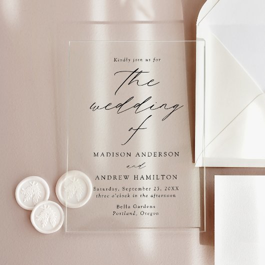 Moderne, elegante Schwarze Script-Hochzeit Acryleinladungen