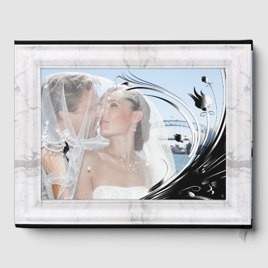 Moderne elegante Schwarze Silhouette auf weißem Ma Gästebuch (Rückseite)