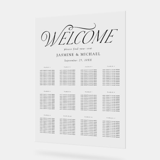 Moderne elegante schwarze Typografie-Seating Chart Acrylschild (Winkel)