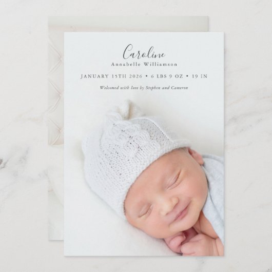 Moderne, elegante Script 2 Foto Overlay-Stats Gebu Ankündigung (Vorne/Hinten)