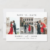 Moderne, elegante Script 3 Foto Wedding Save The Date (Vorderseite)