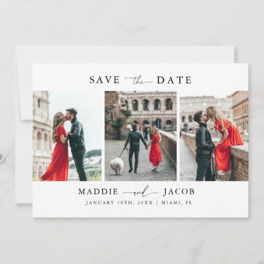 Moderne, elegante Script 3 Foto Wedding Save The Date (Vorderseite)