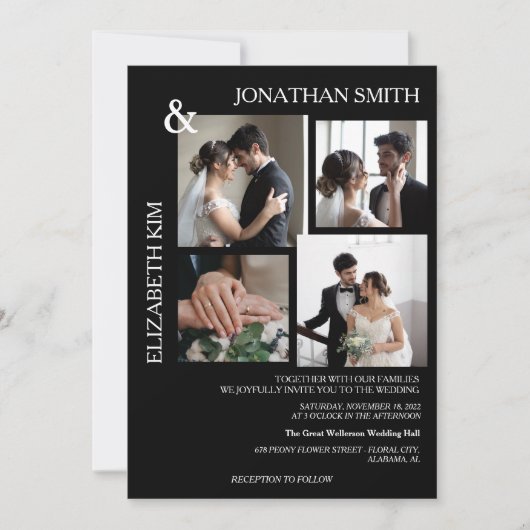Moderne, elegante Script 4 Foto Grid Overlay Weddi Einladung (Vorderseite)
