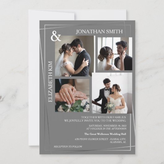 Moderne, elegante Script 5 Foto Grid Overlay Weddi Einladung (Vorderseite)