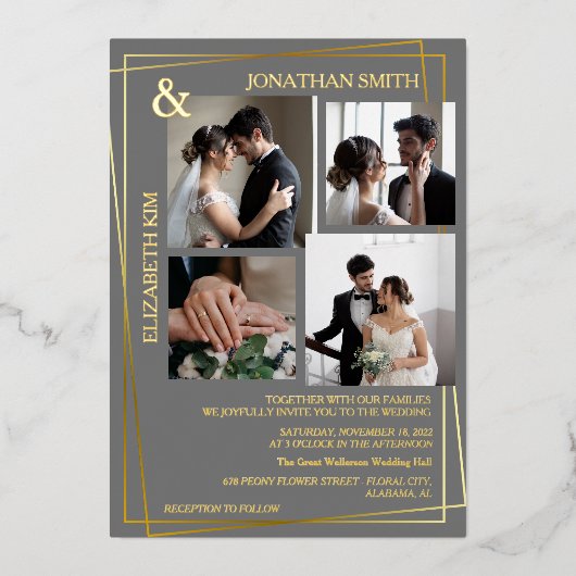 Moderne, elegante Script 5 Foto Grid Overlay Weddi Folieneinladung (Vorderseite)