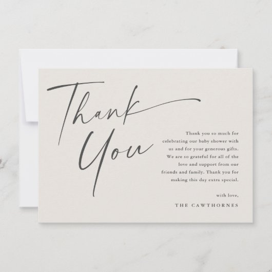 Moderne, elegante Script Baby Dusche Dankeskarte (Vorderseite)
