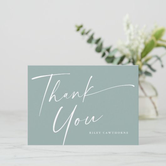 Moderne, elegante Script Baby Dusche Dankeskarte (Stehend Vorderseite)