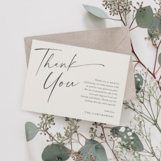 Moderne, elegante Script Baby Dusche Dankeskarte