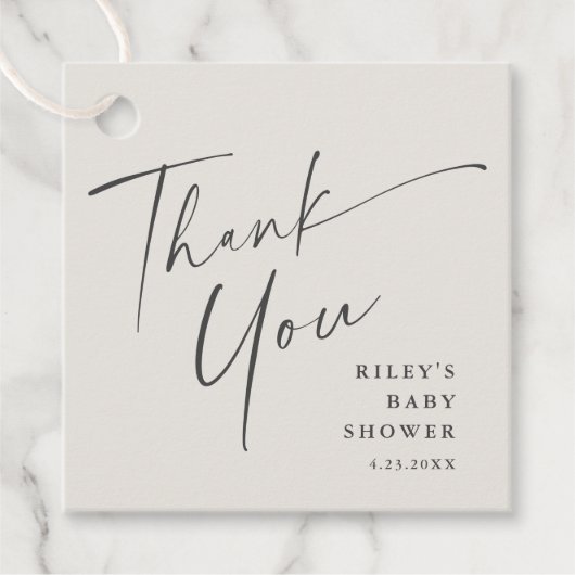 Moderne, elegante Script Baby Dusche Vielen Dank Geschenkanhänger (Vorderseite)