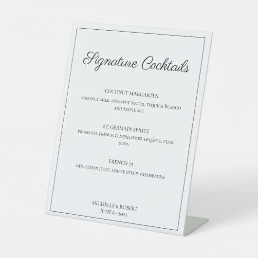 Moderne, elegante Script-Bar-Cocktails Hochzeit Sockelschild (Vorderseite)