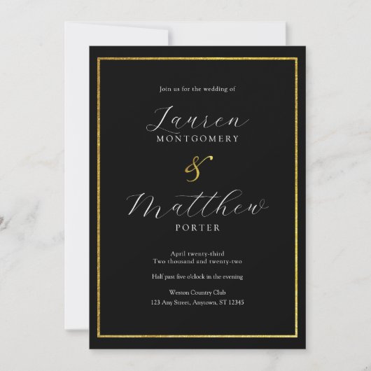 Moderne, elegante Script Black and Gold Wedding Einladung (Vorderseite)