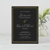 Moderne, elegante Script Black and Gold Wedding Einladung (Stehend Vorderseite)