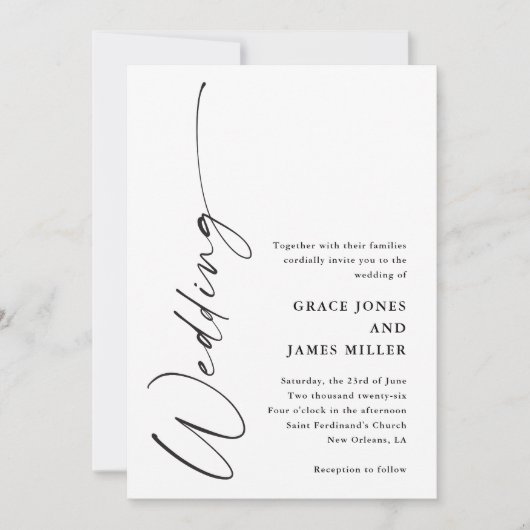 Moderne, elegante Script Black and White Wedding Einladung (Vorderseite)