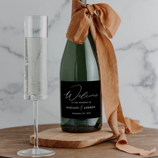 Moderne, elegante Script Black and White Wedding Schaumweinetikett