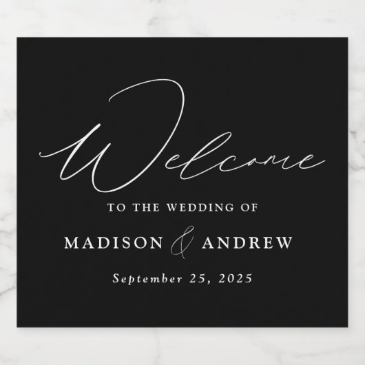 Moderne, elegante Script Black and White Wedding Schaumweinetikett (Einzelnes Label)