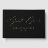 Moderne, elegante Script Black Wedding Gästebuch (Vorderseite)