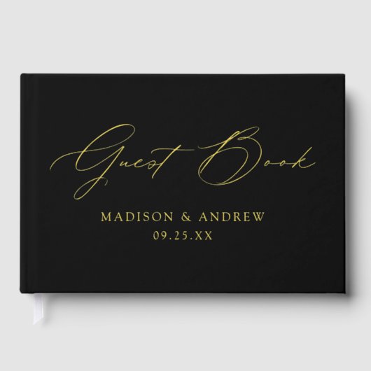 Moderne, elegante Script Black Wedding Gästebuch (Vorderseite)